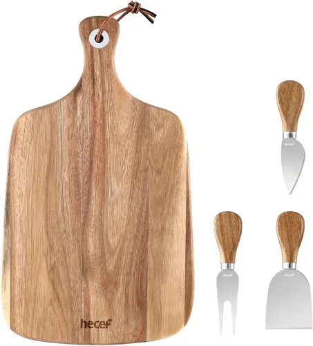 Vista 11 de hecef Juego de 3 tablas de queso, un plato de queso de madera de acacia, un cuchillo, un tenedor, plato de charcutería, juego de pizarra para servir