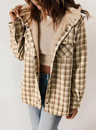 Vista 2 de Dokotoo - Chaqueta para mujer, manga larga, con botones y capucha, de vellón, cálida, a cuadros