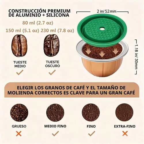 Vista 2 de Paquete de 2 tapas reutilizables para cápsulas de café con 6 cápsulas, 80/150/7.8 fl oz, cápsulas de café recargables de silicona de grado