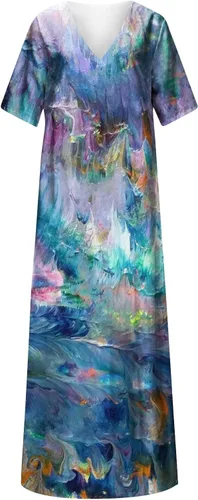 Vista 4 de ADHOWBEW Vestido midi de manga corta con cuello en V floral para mujer, talla grande, con bolsillos