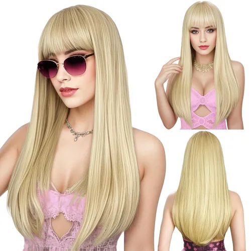 Vista 14 de Pelucas castañas para mujer, peluca larga y recta con flequillo, color marrón rojizo, cosplay, resistente al calor, peluca sintética de cobre rojo