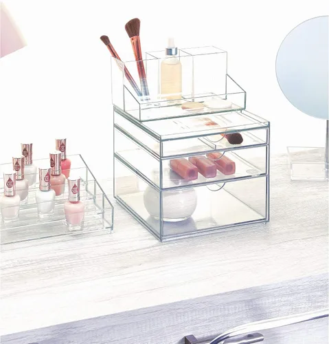Vista 4 de iDesign Organizador de cosméticos, 4 secciones Para encimera, almacenamiento de tocador, para el cuidado de la piel, cepillos, lápices labiales