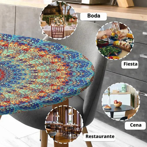 Vista 7 de Mantel redondo ajustable con manteles elásticos redondos para exteriores, mantel elástico redondo para mesas, impermeable, lavable, para picnic Azul