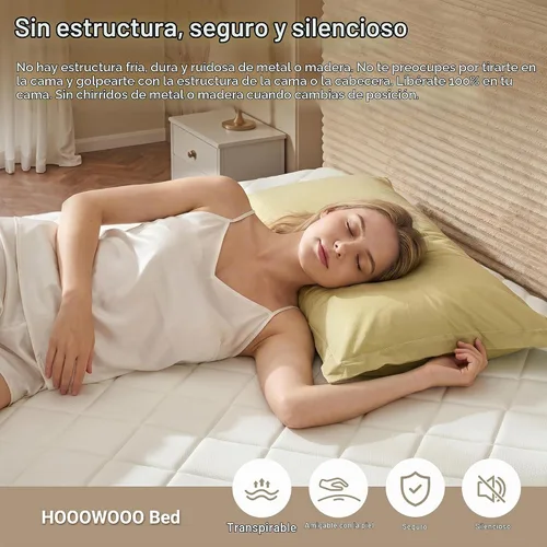 Vista 4 de Base de cama matrimonial sin hueso con cabecera de colchón, cama sin Beige