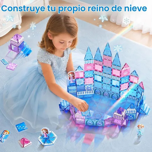 Vista 2 de GobiDex 100 azulejos magnéticos de castillo de princesa con 4 muñecas y escaleras, bloques de construcción magnéticos de princesa para niños de 3 a