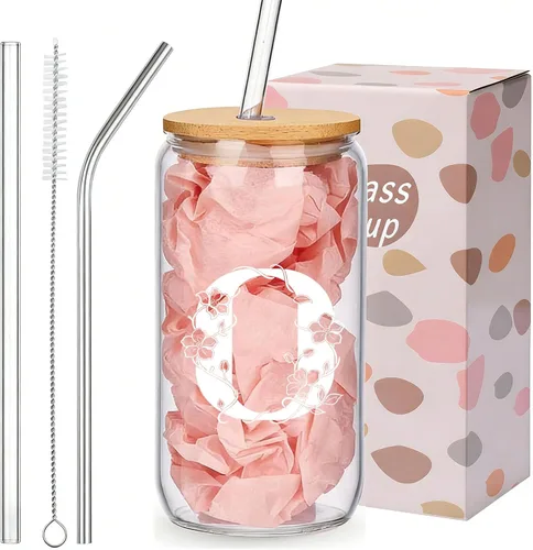 Vista 21 de Regalos personalizados para mujeres, tazas de vidrio con monograma con tapas y pajitas, regalos personalizados para mujeres, vasos de café helado