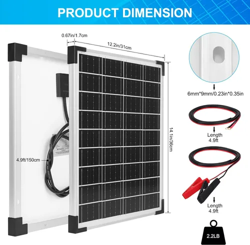 Vista 2 de Panel solar de 20W 12V monocristalino, kit de panel solar impermeable con controlador de carga de 10A para RV, remolque, auto, techo, granja