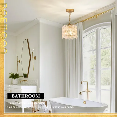 Vista 9 de Lámpara colgante de cristal dorado, paquete de 1 lámpara colgante de techo pequeña con flores modernas, 1 luz para cocina, isla, fregadero, comedor