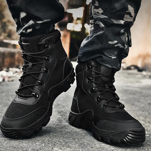Vista 2 de Kervaky Botas tácticas militares para hombre, botas de trabajo para exteriores, impermeables, botas de senderismo, botas de combate ligeras