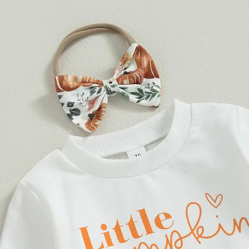 Vista 2 de Deportes Trajes Niña Letra Impreso Pequeña Calabaza Manga Larga Suéter Pantalones Banda Para El Pelo Conjunto De Tres Piezas Para