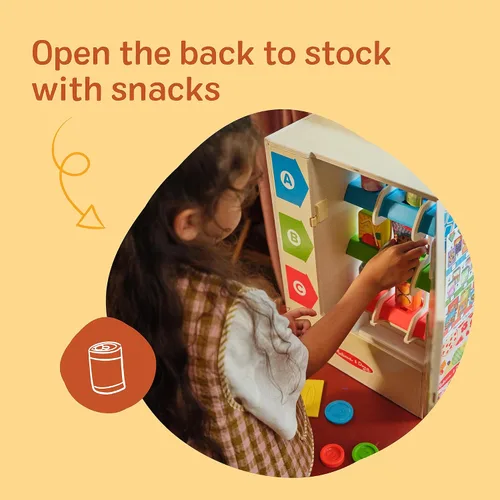 Vista 4 de Melissa & Doug Sort-Stock-Select - Máquina expendedora de madera de juguete con comida para jugar, mini máquina expendedora de juguetes y dinero