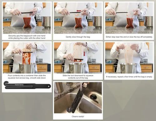 Vista 3 de Abridor de bolsas de alimentos con hoja de acero inoxidable y exprimidor para cocinas (1 negro, 2 rojo (paquete de 3) con 3 ventosas y 3 cadenas)