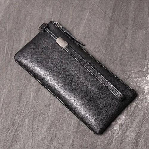 Vista 5 de Bolso de mano de cuero para hombre, bolso de mano de gran capacidad con cremallera larga, con tarjetero multifunción