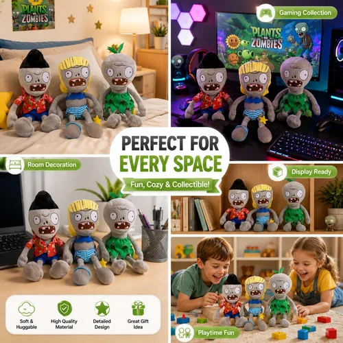 Vista 6 de Dyharnsty Juego de 3 bonitos juguetes de peluche de zombi, muñeca de peluche de PVZ para niños, grandes regalos para niños y fanáticos