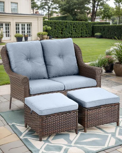Vista 5 de Sofá de mimbre para patio, sofá de mimbre para exteriores, resistente para todo tipo de clima, sofás para 2 personas con respaldo alto y cómodos
