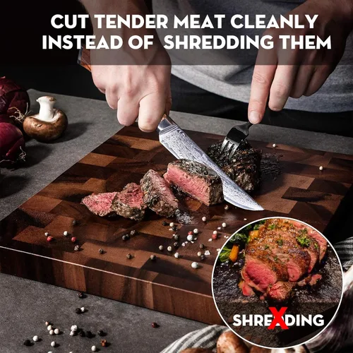 Vista 3 de Juego de 6 cuchillos para carne Damasco Premium no dentados con mango de madera de olivo natural, cuchillas de acero japonés de borde recto de 67