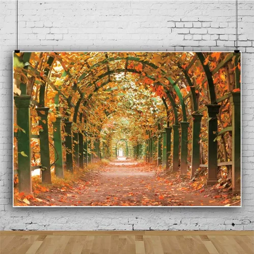 Vista 2 de shensu Telones de fondo de hoja de arce para fotografía, vinilo de 5 x 3 pies, túnel de jardín, hojas caídas de otoño, fondo de fotografía