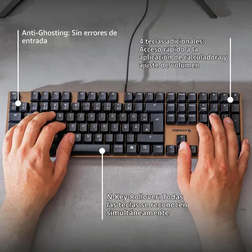 Vista 5 de Teclado mecánico de oficina Cherry KC 200 MX con nuevos interruptores MX2A. Diseño moderno con marco de placa metálica.