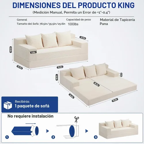 Vista 2 de Sofá cama convertible 2 en 1 sin hueso, sofá cama futón de pana, sofá plegable de compresión, sofá cama con 3 almohadas para dormitorio, sala
