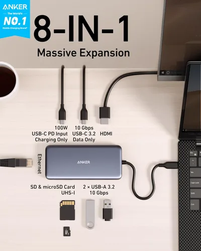 Vista 2 de Anker 555 Hub USB-C (8 en 1), con suministro de energía de 85W, puerto HDMI 4K 60Hz, USB C de 10Gbps y 2 puertos de datos A, lector de tarjetas