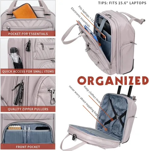 Vista 4 de KROSER Maleta de mano para debajo del asiento, multifuncional, 16 pulgadas, ligera, para mujer, rosa gris