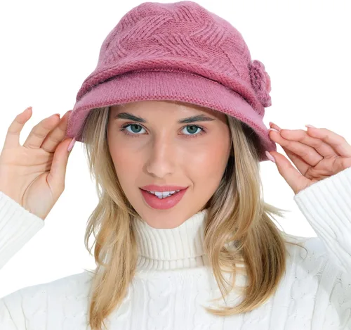 Vista 100 de C-US - Gorro de punto cálido para mujer, con visera de ganchillo con acento de flores
