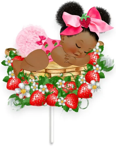 Vista 11 de Decoración de mesa de fiesta de baby shower de fresa durmiendo (juego de 3 centros de mesa de doble cara, afroamericano)