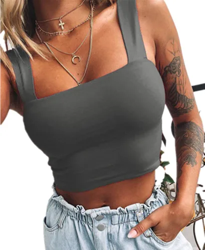 Vista 2 de Wsirmet Blusa corta sin mangas para mujer, sin mangas, cuello cuadrado, delgada, básica, lisa, corta