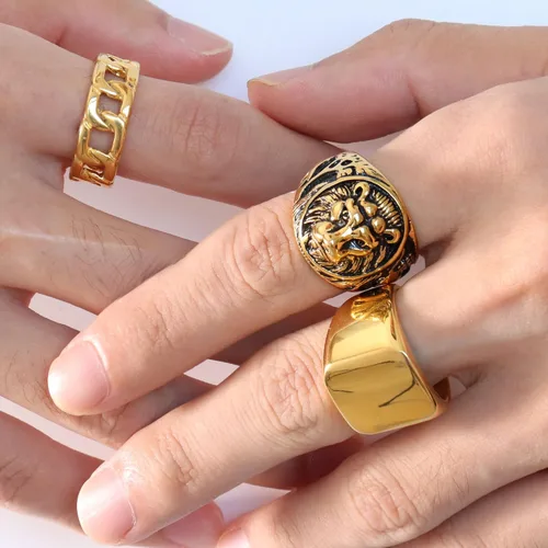 Vista 6 de HANPABUM 3 anillos chapados en oro de 14 quilates para hombres y mujeres, anillo grueso de eslabones cubanos, talla 7-15, Oro