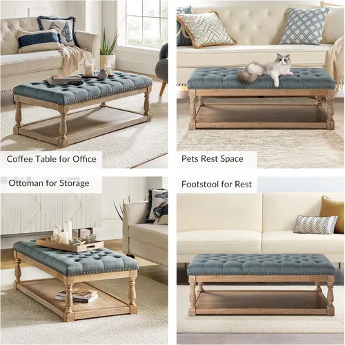 Vista 8 de HULALA HOME - Mesa de café otomana rectangular con bandeja, otomana acolchada para sala de estar con estante de almacenamiento de madera maciza, azul