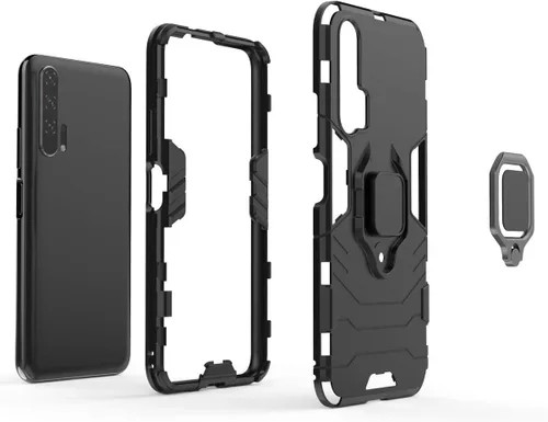 Vista 6 de LuluMain Compatible con Honor 20 Pro, soporte de anillo de metal a prueba de golpes duro (funciona con soporte magnético para automóvil), funda Negro