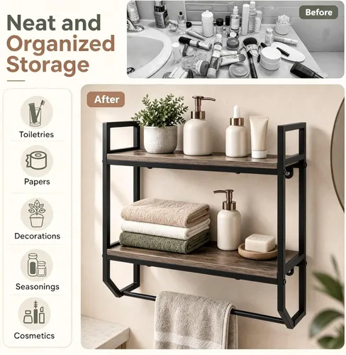 Vista 6 de LOKO 2-Tier Bathroom Towel Rack, Wall Mounted Hanging Shelf (Gray Oak)