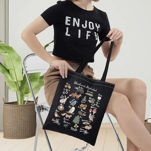 Vista 7 de LEVLO Bolsa de lona con diseño de alfabeto de animales - Bolsa de comestibles con temática de bosque A-Z