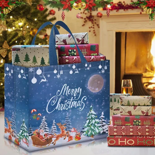 Vista 6 de AhfuLife 12 piezas bolsas de regalo de Navidad extra grandes, 15.7'' x 14.2'' x 5.9'', bolsas tipo tote de Navidad con asas, bolsa de compras B: 12