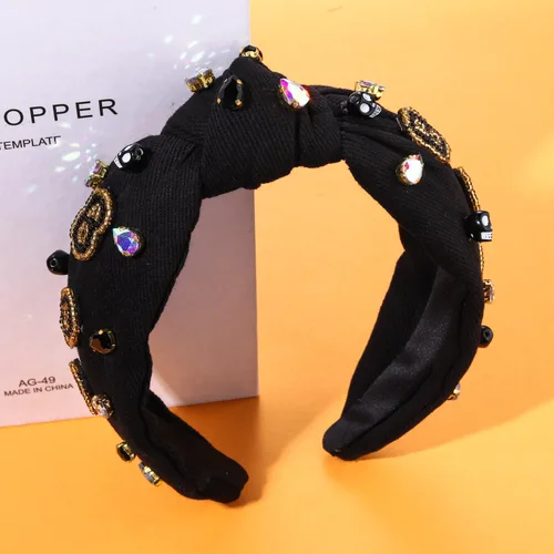 Vista 4 de Diadema de Halloween morada espeluznante con cuentas anudadas para mujer, perlas brillantes, calabaza, araña, murciélago, esqueleto, fantasma, nudo
