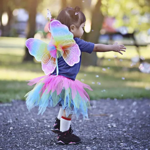 Vista 2 de Disfraz creativo de educador falda de arco iris de neón con alas y varita