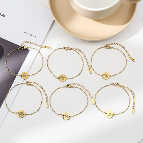 Vista 6 de Pulsera de flor de nacimiento de oro de 18 quilates grabada personalizada, pulseras con dije floral personalizado de acero inoxidable, cadena