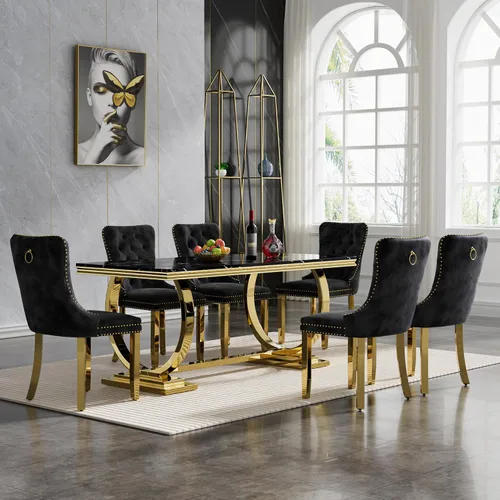 Vista 13 de HomVent Juego de mesa de comedor moderna de mármol sintético para 4 personas, mesa de cocina rectangular con 4 sillas beige (dorado)