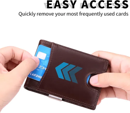 Vista 5 de SENDEFN Carteras delgadas de cuero para mujer, tarjetero con bloqueo RFID, billetera plegable pequeña, Zz-café, Minimalista