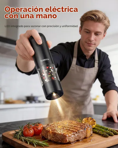 Vista 2 de Juego de molinillo de sal y pimienta eléctrico de TOMEEM con luces LED – Molinillo automático recargable de sal y pimienta con 6 ajustes de grosor