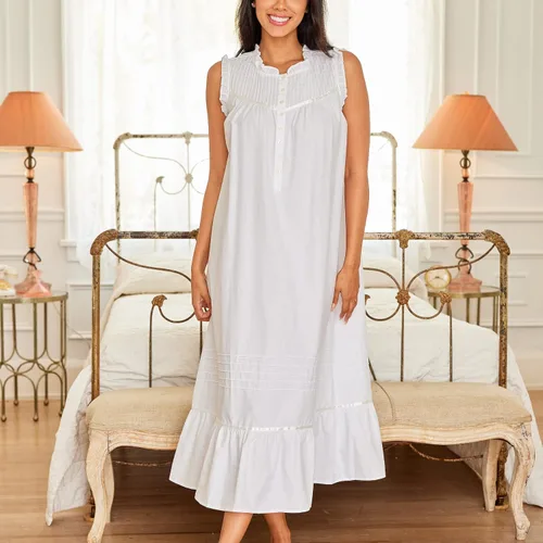 Vista 2 de Alexander Del Rossa Camisón victoriano de algodón para mujer, camisón de algodón blanco sin mangas para mujer, camisón vintage
