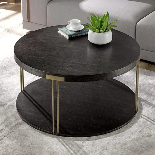 Vista 8 de Mesa de centro redonda con ruedas, mesa de té de centro industrial de 2 usos con estante de almacenamiento, mesa de cóctel circular de 35 pulgadas