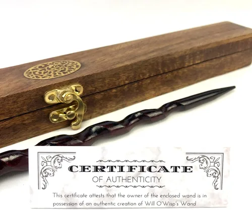 Vista 2 de Will O'Wisp's Wand Emporium - Varita de bruja y mago en caja de madera real, certificado de autenticidad, Marrón