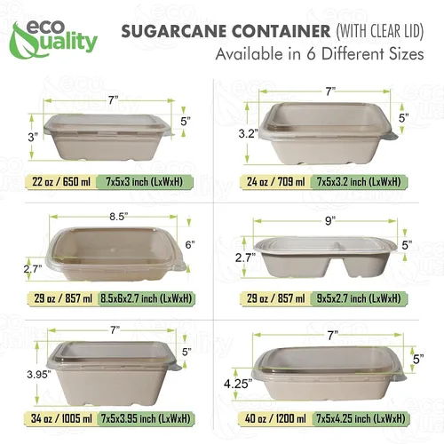 Vista 6 de EcoQuality Cuencos desechables de 29 onzas con tapas transparentes, cuencos rectangulares de papel biodegradable de fibra de caña de azúcar