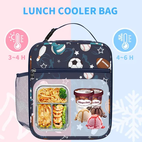 Vista 2 de Bolsa de almuerzo térmica aislada para niños Clastyle Sport Ball, grande, azul, con enfriador térmico, para niños, para picnic, escuela, canasta