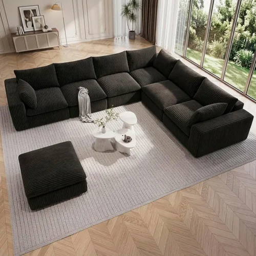 Vista 15 de 118" Cloud Couch Oversized Modular Sectional Sofa, Boneless L-Shaped 6 Seater Deep Seat Couch with Ottoman, Soft Corduroy Upholstery, DIY Negro