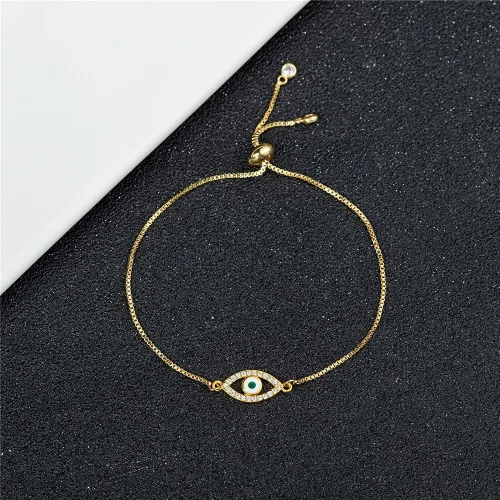 Vista 3 de Pulsera delicada chapada en oro real de 14 quilates para mujeres y hombres eslabones de cadena de oro ajustable con eslabones de ojo malvado Hamsa