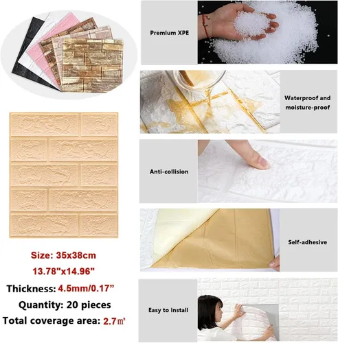 Vista 4 de Melairya Paneles de pared 3D autoadhesivos para decoración de paredes interiores, papel tapiz autoadhesivo de ladrillo de espuma, paquete de 20 Beige