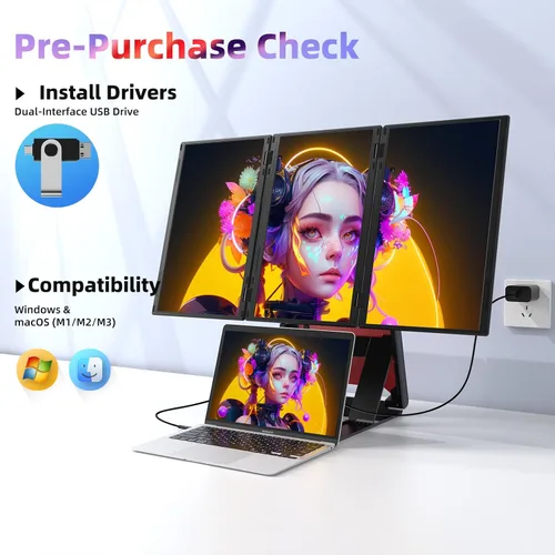Vista 4 de Extensión de Pantalla Cuádruple para Laptop, Monitor Triple FHD de 15.6" 1080P, Combinado en una Pantalla de 30" (Paisaje/Retrato), Solo 1 Cable