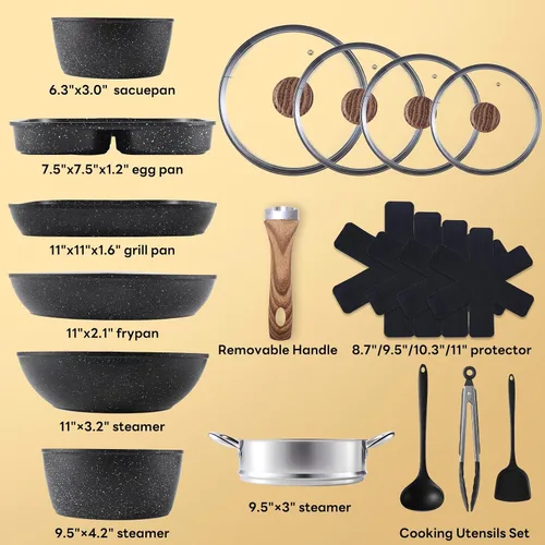 Vista 2 de Sweetcrispy Juego de 17 ollas y sartenes antiadherentes, juego de cocina no tóxico con asas que se mantienen frescas, negro natural